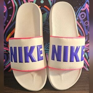 NIKE White Slide Sandals with Purple Logo and Pink Trim
